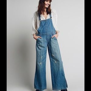 Free People Chambray Denim Flared Overalls